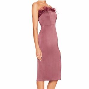 LPA Strapless Feather-Trim Midi Dress in Dusty Rose